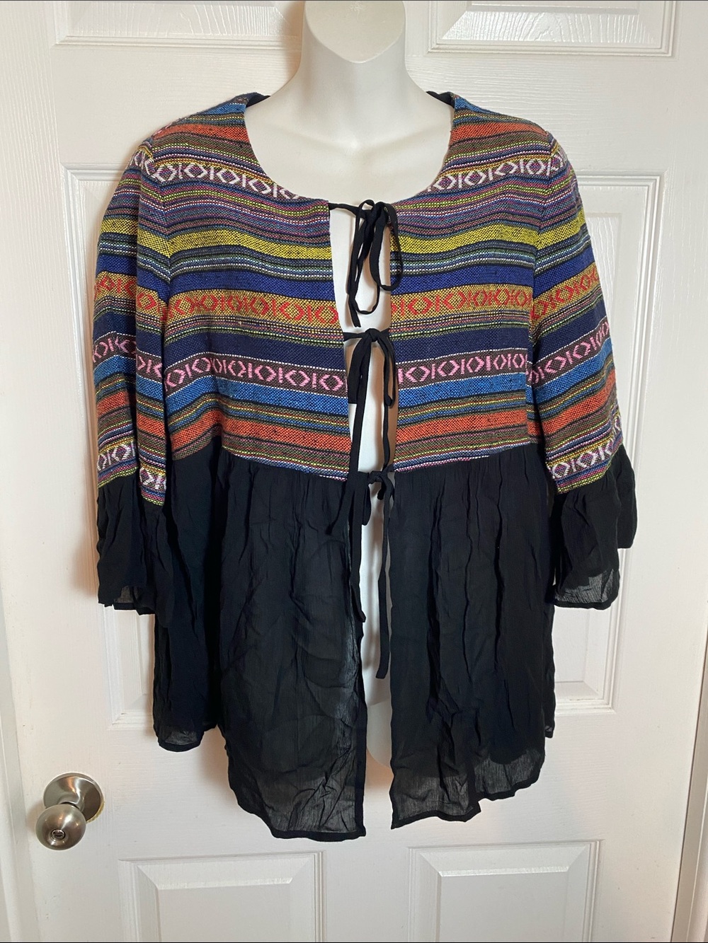 Pleione Boho Black Cardigan Sante Fe Pink and Purple Accents Southwest Size M